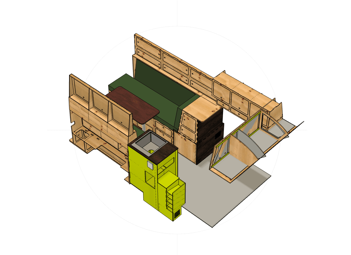 CAD-Zeichnung des Blue Campingbus von oben. Planungszeichnung des Mercedes Sprinter Campingbus.