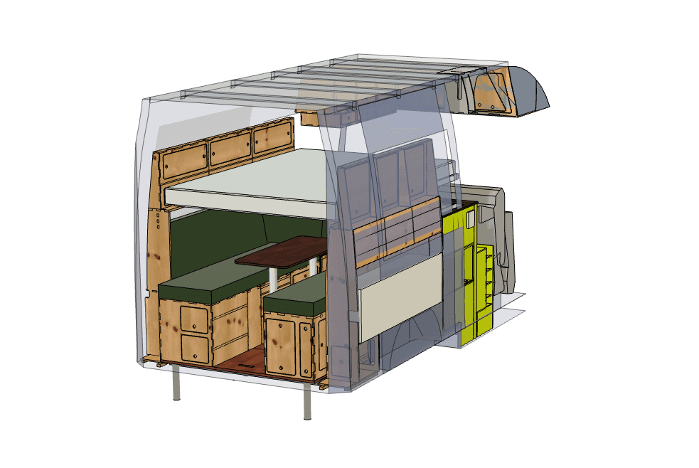 CAD-Zeichnung des Blue Campingbus von hinten mit Chassis. Planungszeichnung des Mercedes Sprinter Campingbus inklusive Fahrgestell.