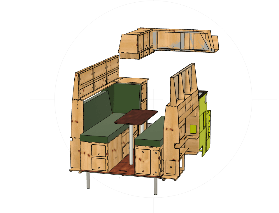 CAD-Zeichnung des Blue Campingbus von hinten. Planungszeichnung des Mercedes Sprinter Campingbus.