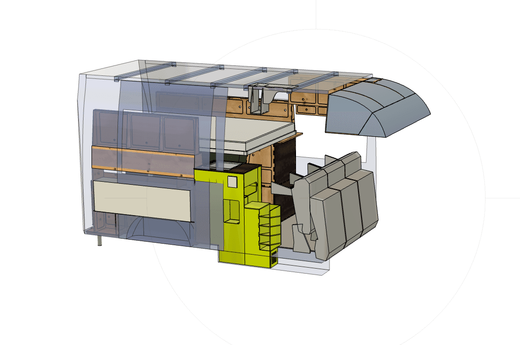 CAD-Zeichnung des Blue Campingbus von vorne mit Chassis. Planungszeichnung des Mercedes Sprinter Campingbus inklusive Fahrgestell.