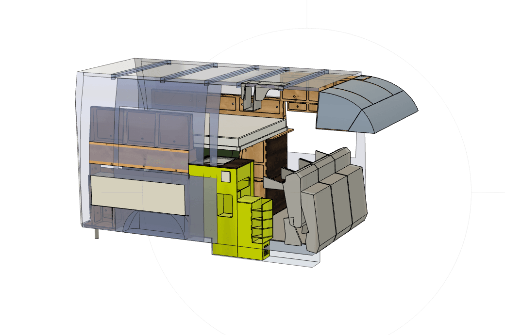 CAD-Zeichnung des Blue Campingbus von vorne mit Chassis. Planungszeichnung des Mercedes Sprinter Campingbus inklusive Fahrgestell.