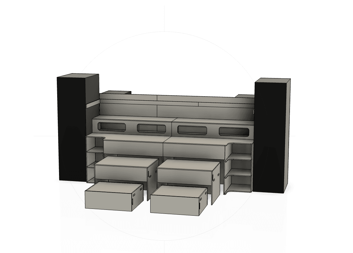 CAD-Zeichnung der modularen Sitzbühne für das Basislager Leipzig. Planungszeichnung der Sitzbühne mit integrierten Fächern.