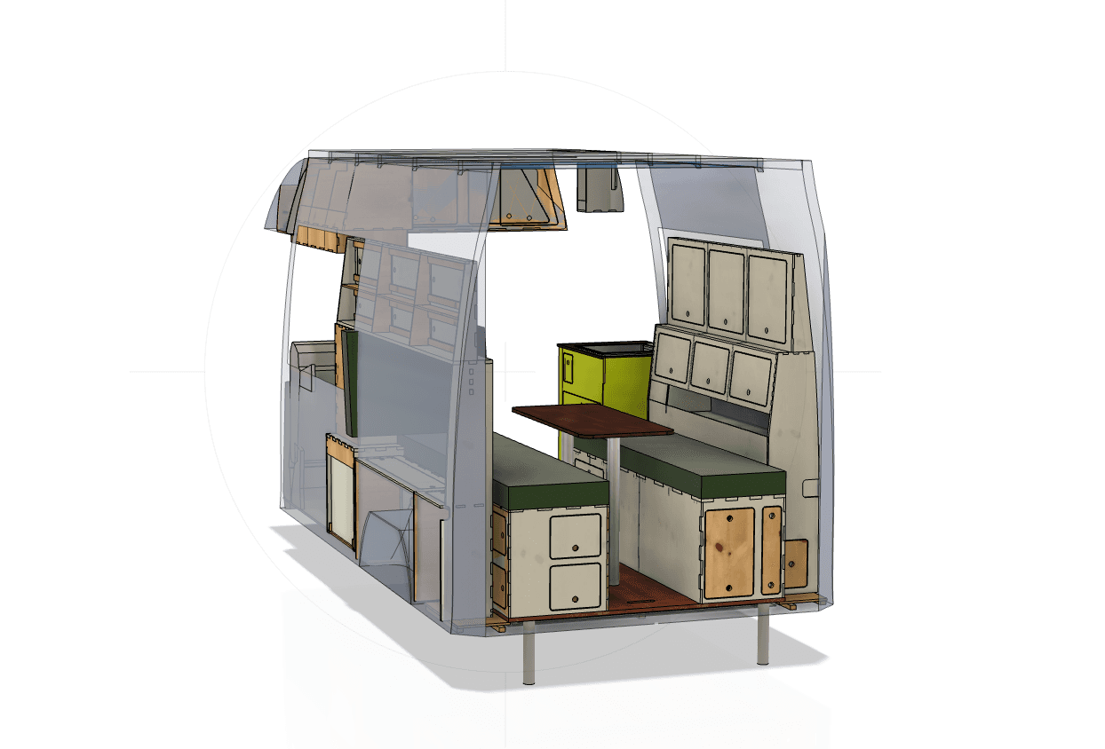 CAD-Zeichnung des Campingbus Tony von hinten. VW Crafter Campingbus nach Blue-Grundriss.