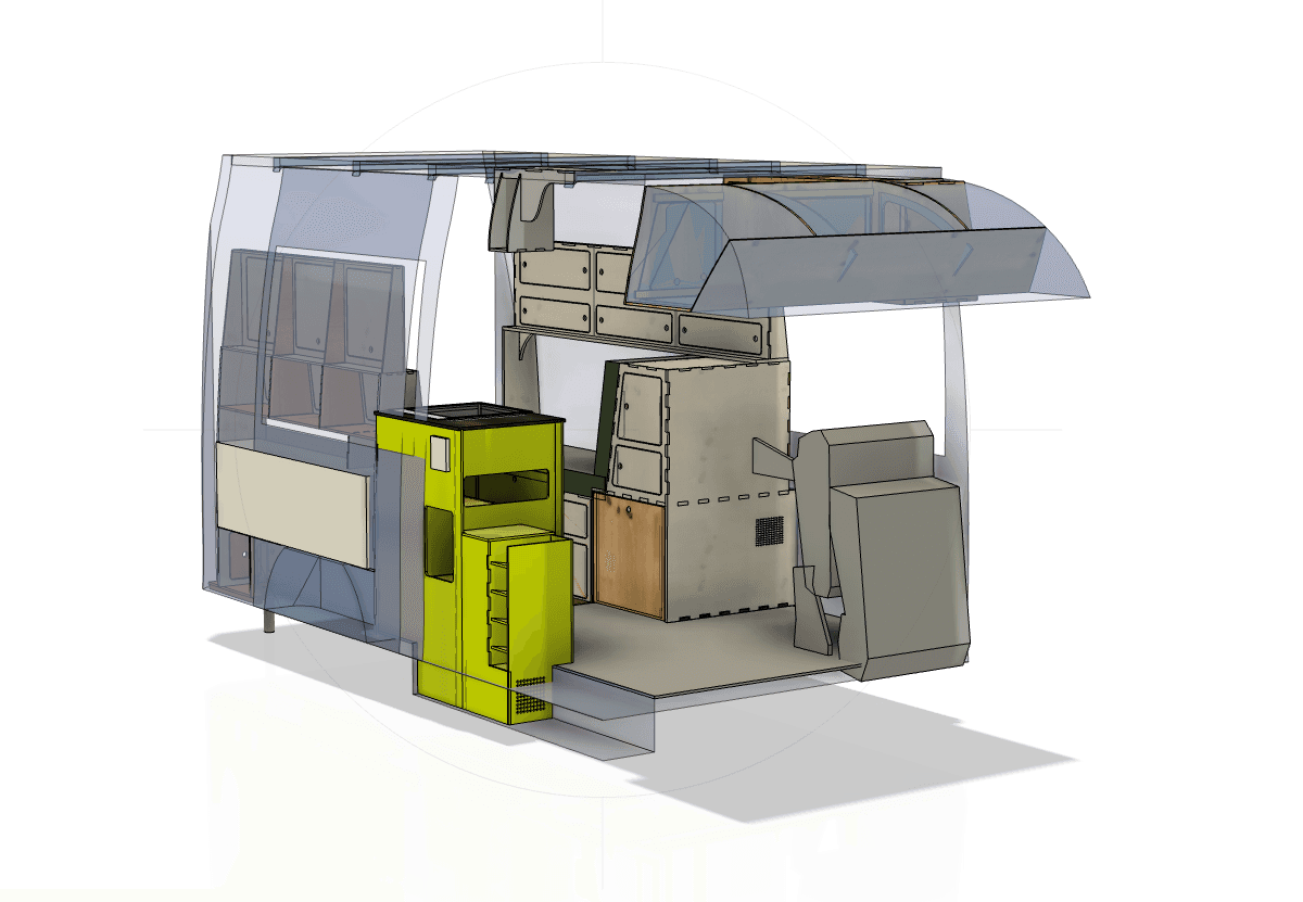 CAD-Zeichnung des Campingbus Tony von vorne. VW Crafter Campingbus nach Blue-Grundriss.