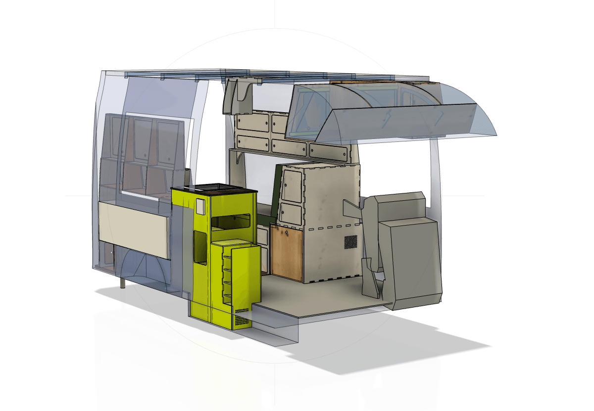 CAD-Zeichnung des Campingbus Tony von vorne. VW Crafter Campingbus nach Blue-Grundriss.