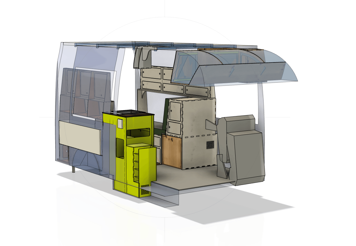 CAD-Zeichnung des Campingbus Tony von vorne. VW Crafter Campingbus nach Blue-Grundriss.