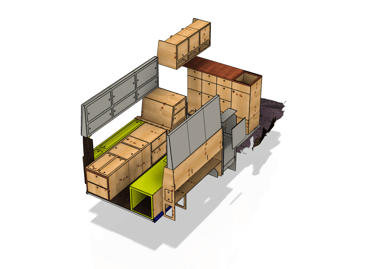 CAD-Zeichnung des Campingbus Cordula von oben. VW Crafter Campingbus nach Blue-Grundriss, angepasst für kurzen Radstand.