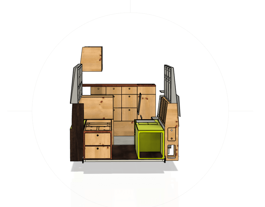 CAD-Zeichnung des Campingbus Cordula von hinten. VW Crafter Campingbus nach Blue-Grundriss.