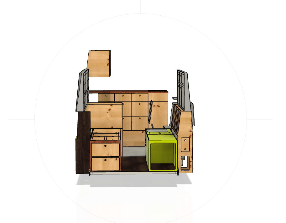 CAD-Zeichnung des Campingbus Cordula von hinten. VW Crafter Campingbus nach Blue-Grundriss.