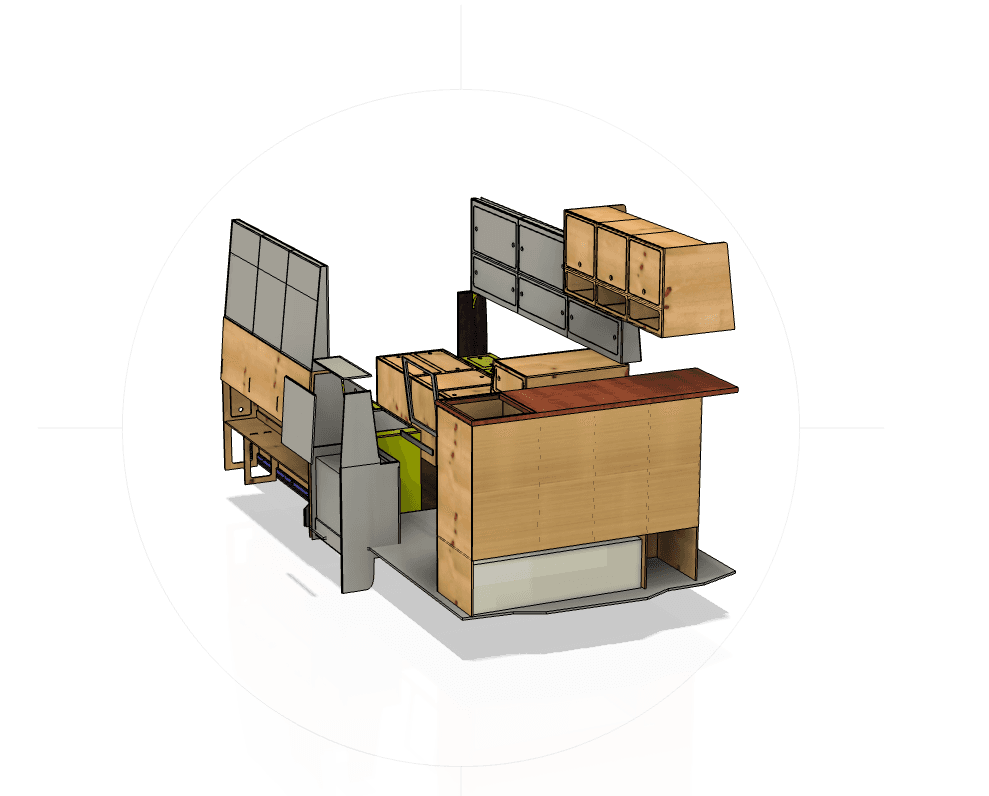 CAD-Zeichnung des Campingbus Cordula von vorne. VW Crafter Campingbus nach Blue-Grundriss.