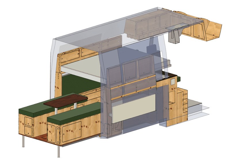 CAD-Konstruktion für Camperausbau mit detaillierter Planung. Präzise Vorbereitung für individuellen Van-Ausbau.