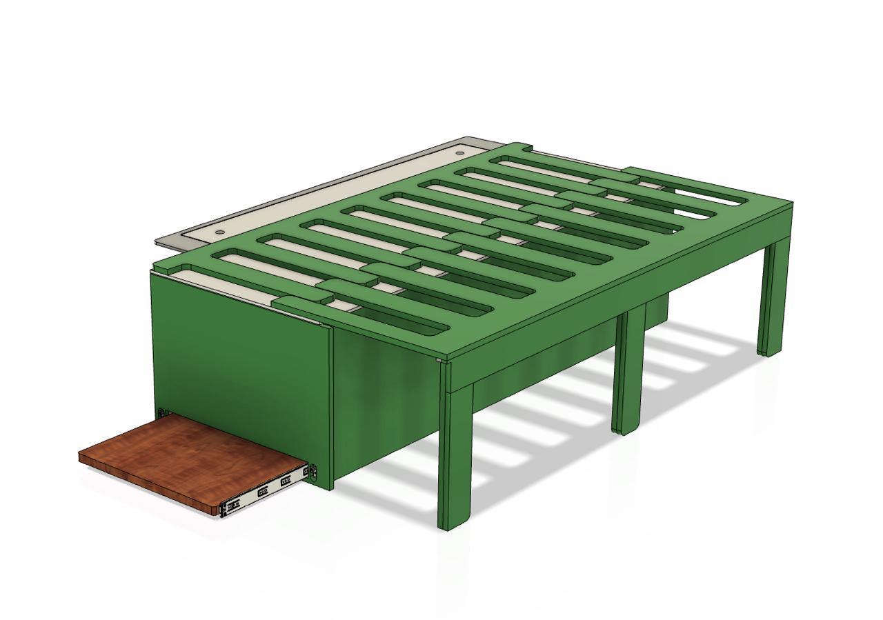 CAD-Planung des Heckauszugs für VW T7 mit geöffnetem Bett. Detaillierte Konstruktion zeigt Stauraum und Funktionen.