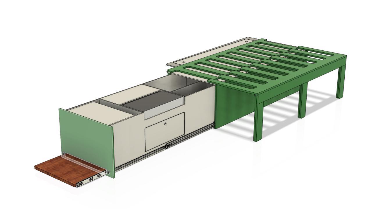 CAD-Planung des Heckauszugs für VW T7 mit geöffnetem Bett und Schublade. Detaillierte Konstruktion zeigt alle Funktionen.