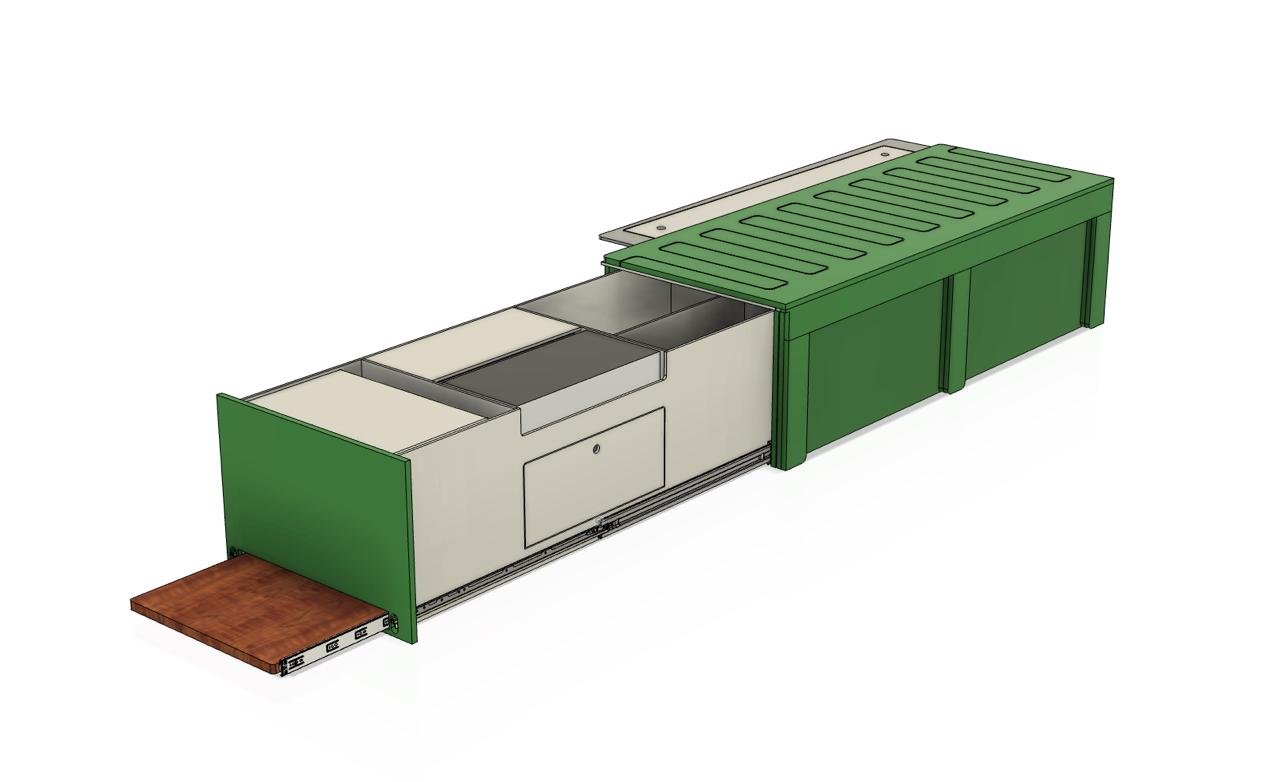 CAD-Planung des Heckauszugs für VW T7 mit geöffneter Schublade. Detaillierte Konstruktion zeigt Stauraum-Lösungen.