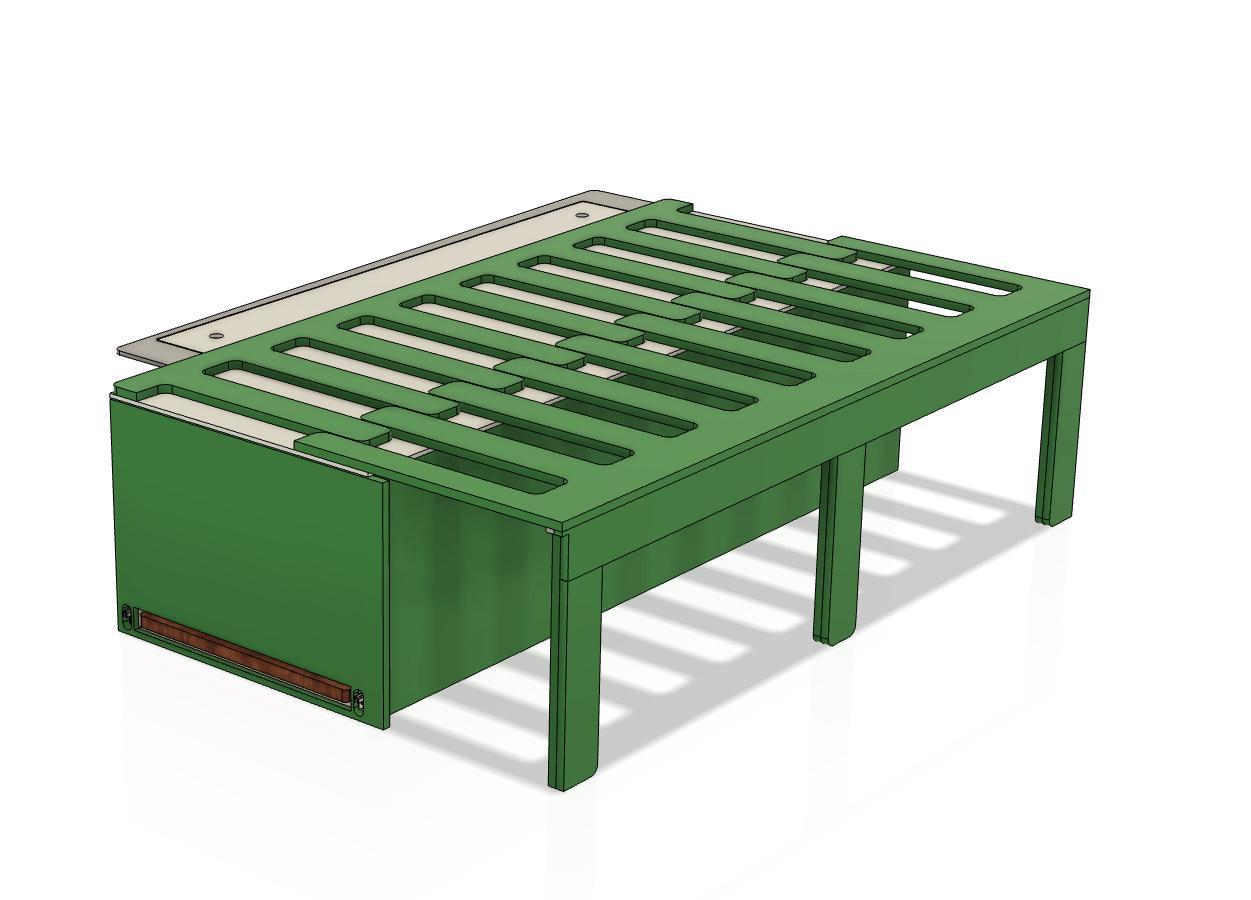 CAD-Planung des Heckauszugs für VW T7 mit Bettgestell. Detaillierte Konstruktion für maßgeschneiderte Campingbox.