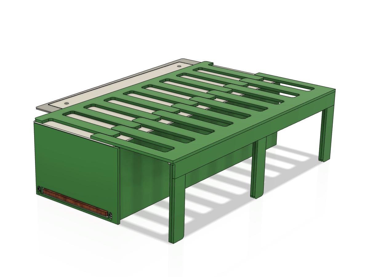 CAD-Planung des Heckauszugs für VW T7 mit Bettgestell. Detaillierte Konstruktion für maßgeschneiderte Campingbox.