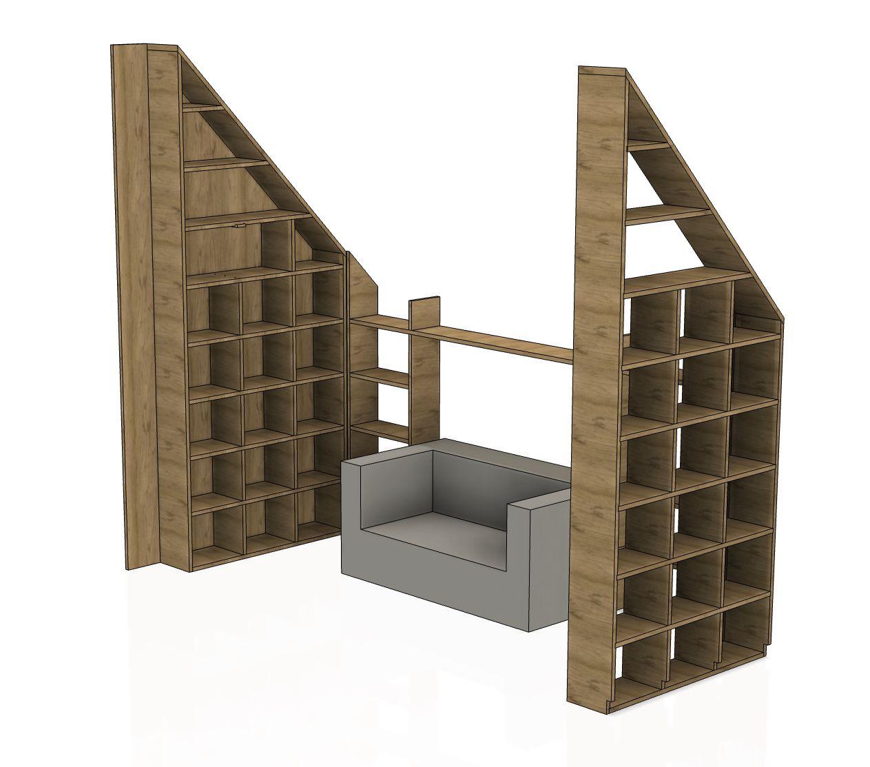 CAD-Planung des Eichenregals als Raumtrenner. Detaillierte Konstruktion zeigt Anpassung an Dachschräge.